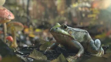 3D Szene eines Frosches auf einem mit Laub bedeckten Waldboden