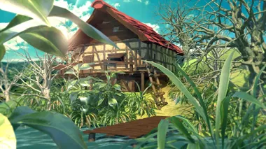 Ein 3D Model eines Hauses im Sonnenschein mit einem Fluss und Gräsern